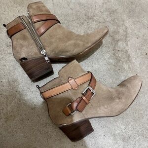 Coach Taupe Suede Ankle Booties with Tan Leather Straps & Buckles